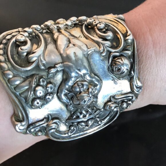 Antique Tiffany Cir.19th C Sterling Silver Cuff Bracelet Cherub Putti 925 Rare - Picture 8 of 13